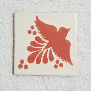 Glossy &quot;Three Dot Terracotta Bird&quot; Mexican Talavera Ceramic Tiles 4.25x4.25