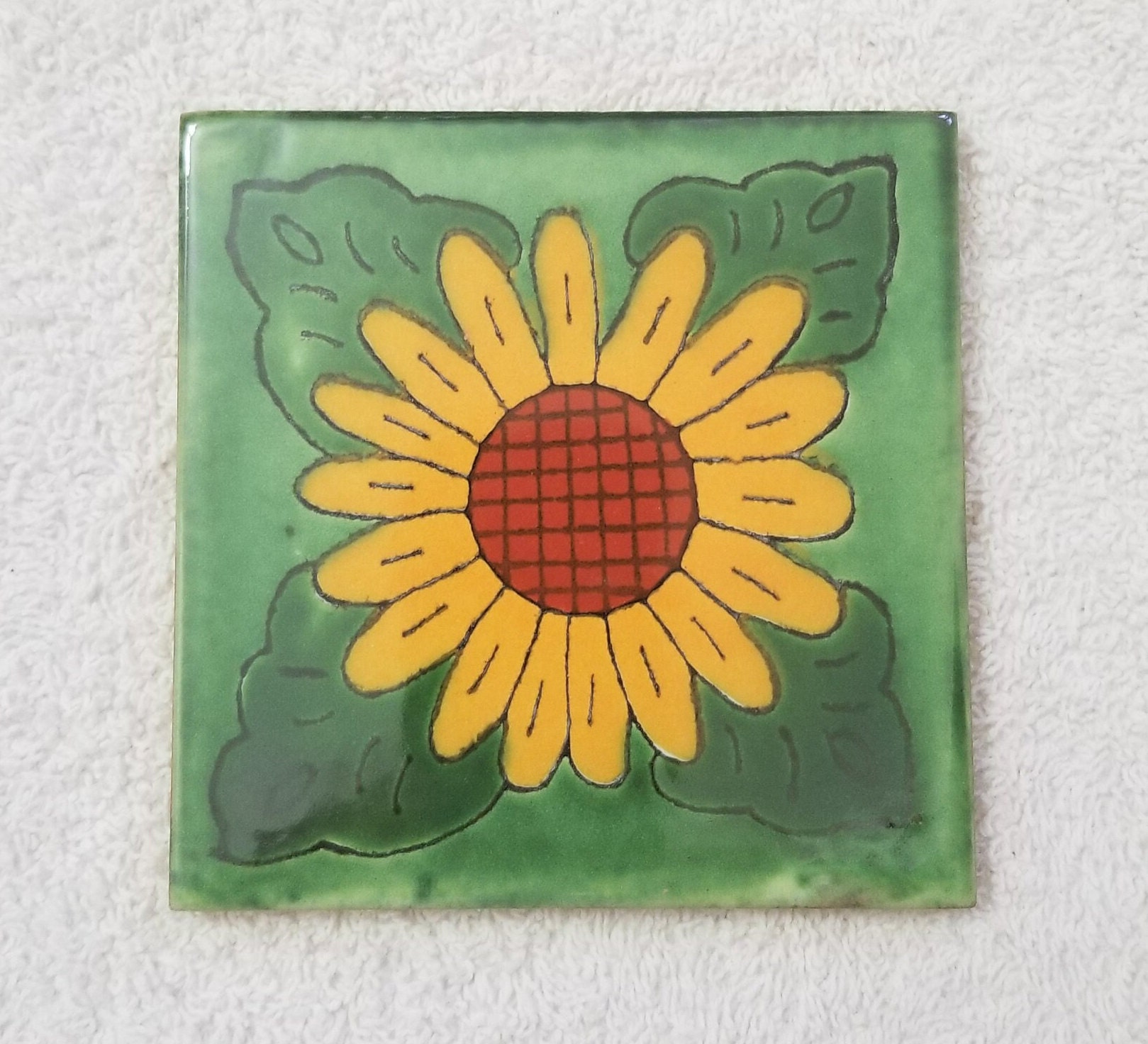 Glossy "Green Yellow Sunflower" Mexican Talavera Ceramic Tiles 4.25x4.25
