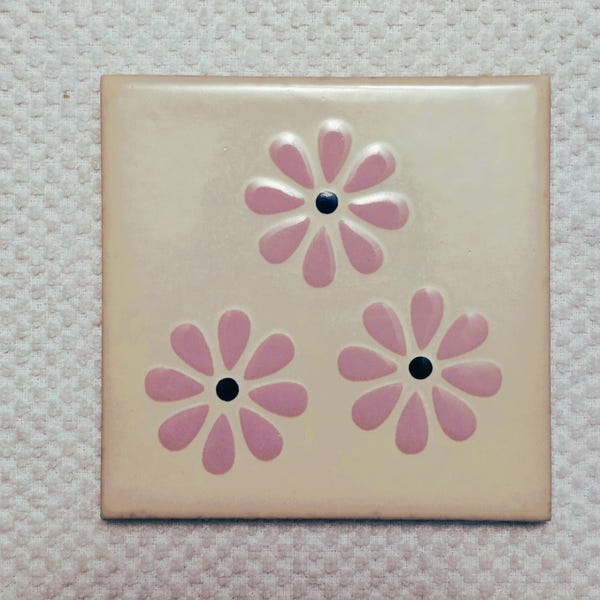 Glossy 3 Pink Daisies Mexican Talavera Ceramic Tiles 4.25x4.25