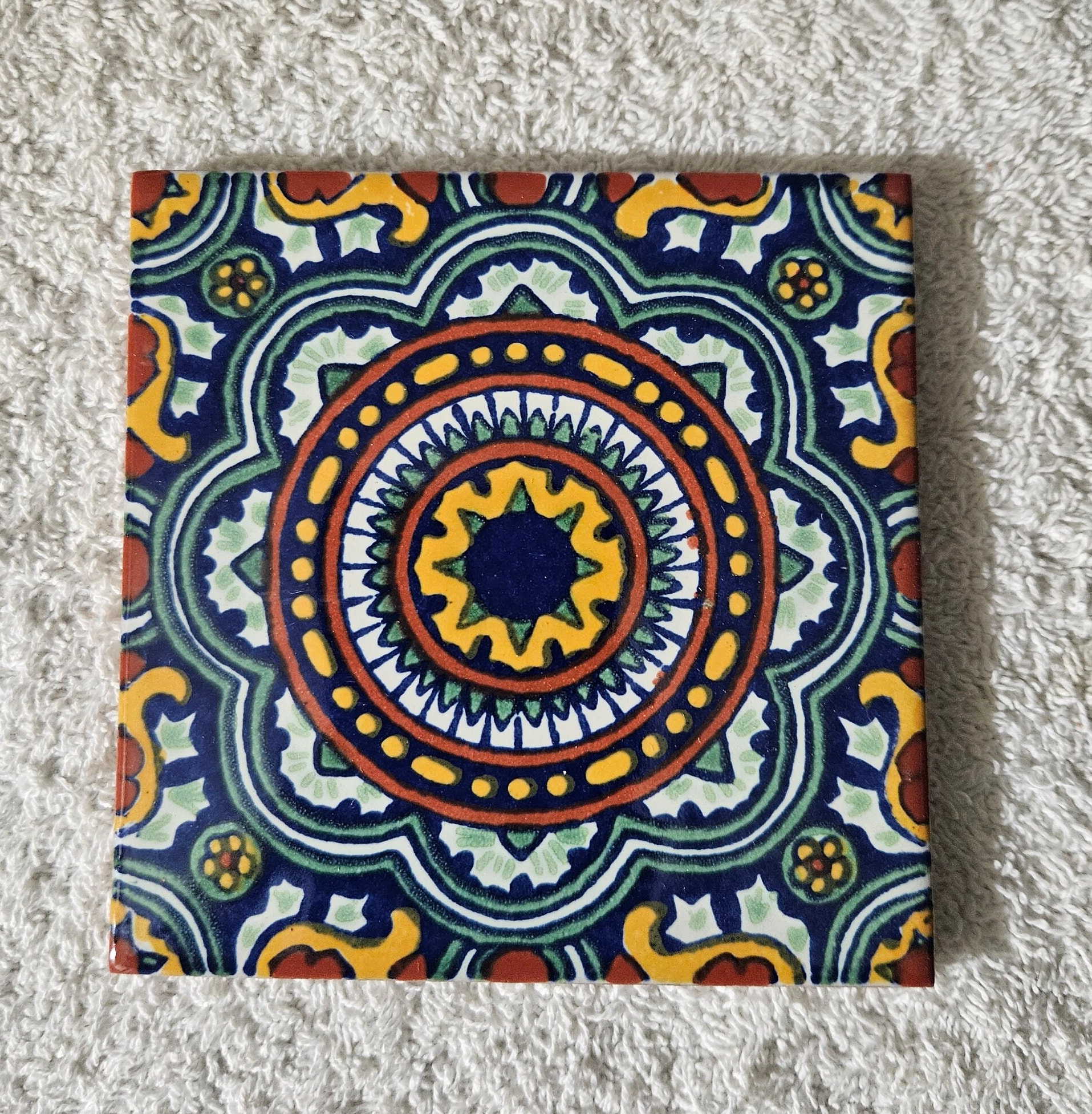 Glossy "Green Fiesta De Mexico" Mexican Talavera Ceramic Tiles 4.25x4.25