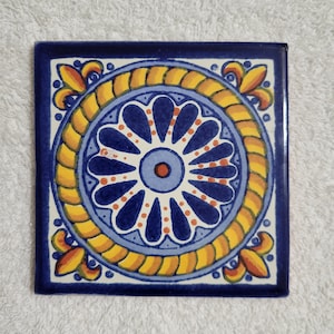 Glossy Blue Fleur De Lis Wheel Mexican Talavera Ceramic Tiles 4.25x4.25