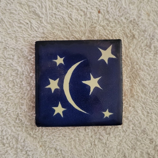 Glossy "Blue Crescent Moon in Stars #2" Mexican Talavera Ceramic Tiles 2x2