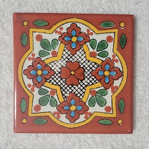 Glossy Terracotta Irish Clover Mexican Talavera Ceramic Tiles 4.25x4.25