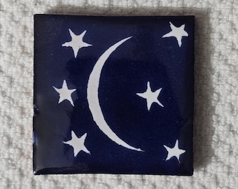 Glossy Blue Crescent Moon in Stars #2 Mexican Talavera Ceramic Tiles 2x2