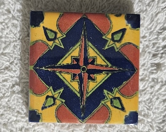 Glossy "Compass Star" Mexican Talavera Ceramic Tile 2x2