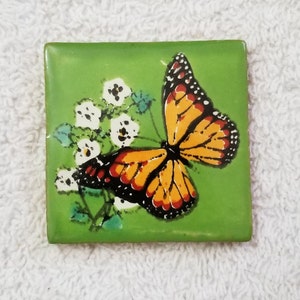 Glossy &quot;Green Butterflies Forever&quot; Mexican Talavera Ceramic Tiles 2x2