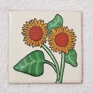 Glossy &quot;White Sunflower Forever&quot; Mexican Talavera Ceramic Tiles 4.25x4.25