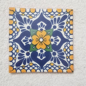 Glossy "Blue Aztec Sun" Mexican Talavera Ceramic Tiles 4x4 