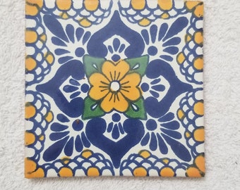 Glossy "Blue Yellow Blossom" Mexican Talavera Ceramic Tiles 4x4