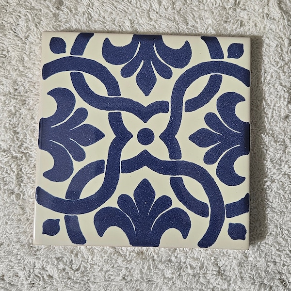 Glossy Interlocking Blue Fleur De Lis Mexican Talavera Ceramic Tiles 4.25x4.25