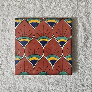 Glossy &quot;Terracotta Peacock Feathers&quot; Mexican Talavera Ceramic Tiles 4.25x4.25