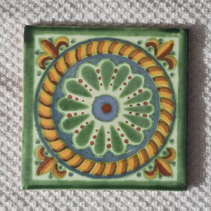 Glossy "Green Pinwheel" Mexican Talavera Ceramic Tiles 4.25 x 4.25