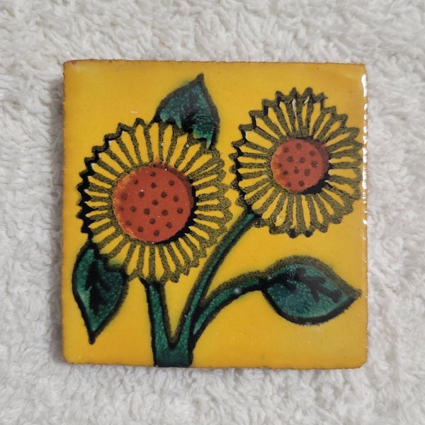 Glossy "Yellow Sun Flowers" Mexican Talavera Ceramic Tiles 2x2