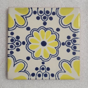 Glossy "Yellow Dot Blossom" Mexican Talavera Ceramic Tiles 4x4