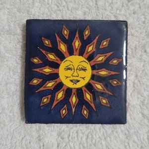 Glossy "Blue Aztec Sun" Mexican Talavera Ceramic Tiles 2x2