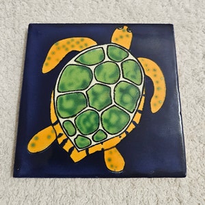 Glossy &quot;Green Sea Turtle&quot; Mexican Talavera Ceramic Tiles 4.25x4.25