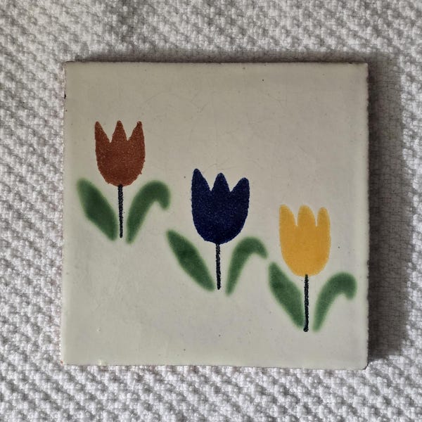Glossy "Three Short Stem Tulips" Mexican Talavera Ceramic Tiles 4.25X4.25