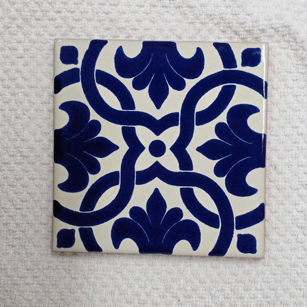 Glossy Interlocking Blue Fleur De Lis #2 Mexican Talavera Ceramic Tiles 4.25x4.25