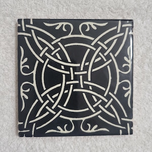 Glossy Black White Gaelic Circle Mexican Talavera Ceramic Tiles 4.25x4.25