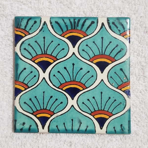 Glossy "Turquoise Peacock Feathers" Mexican Talavera Ceramic Tiles 4x4