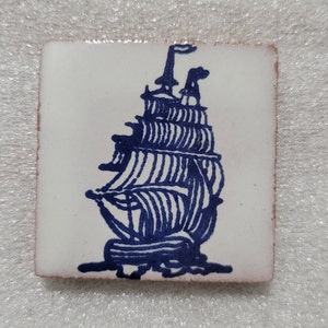 Glossy &quot;Blue Galleon Ship&quot; Mexican Talavera Ceramic Tiles 2x2