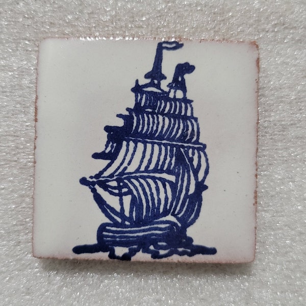 Glossy "Blue Galleon Ship" Mexican Talavera Ceramic Tiles 2x2
