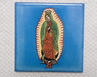 Glossy Blue Lady of Guadalupe Mexican Talavera Ceramic Tiles 4.25x4.25