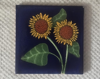 Glossy Blue Sunflowers Mexican Talavera Ceramic Tiles 4.25x4.25