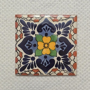 Glossy Terracotta Blue Blossom Mexican Talavera Ceramic Tiles 4.25x4.25