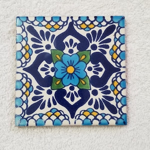 Glossy &quot;Blue Blossom&quot; Mexican Talavera Ceramic Tiles 4.25 x 4.25