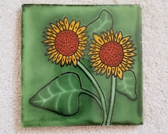 Glossy Sunflowers Forever Mexican Talavera Ceramic Tiles 4.24x4.25