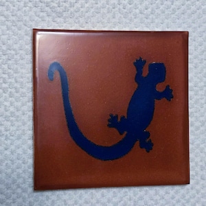 Glossy Terracotta Blue Lizard Mexican Talavera Ceramic Tiles 4.25x4.25
