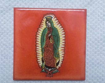 Glossy Terracotta Lady of Guadalupe Mexican Talavera Ceramic Tiles 4.25x4.25