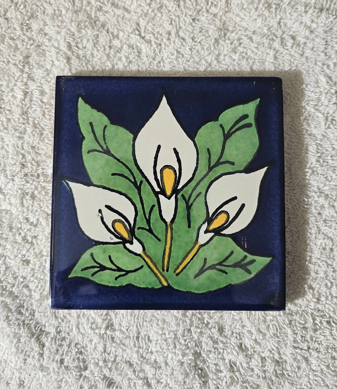 Glossy Blue White Calla Lilies Mexican Talavera Ceramic Tiles 4.25x4.25 ...