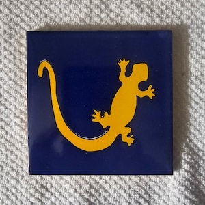 Glossy &quot;Blue Yellow Lizard&quot; Mexican Talavera Ceramic Tiles 4.25x4.25