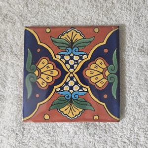 Glossy &quot;Yellow Lotus Blossoms&quot; Mexican Talavera Ceramic Tiles 4.25x4.25