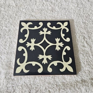 Glossy &quot;Black White Royal Fleur de Lis&quot; Mexican Talavera Ceramic Tiles 4x4