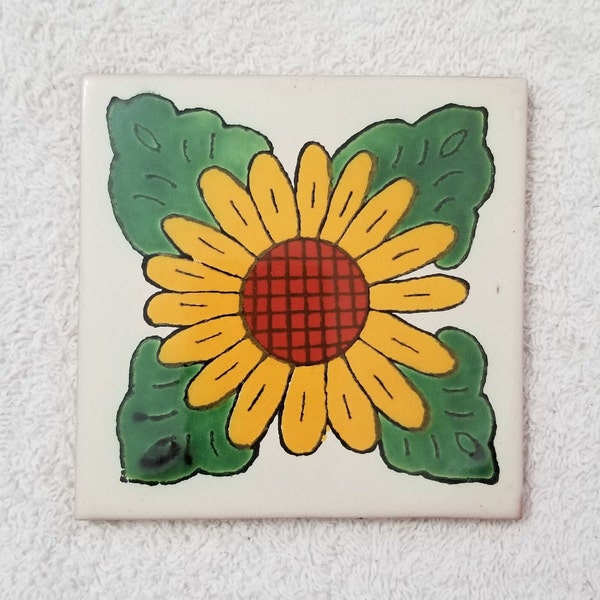 Glossy "White Garden Sunflower" Mexican Talavera Ceramic Tiles 4x4