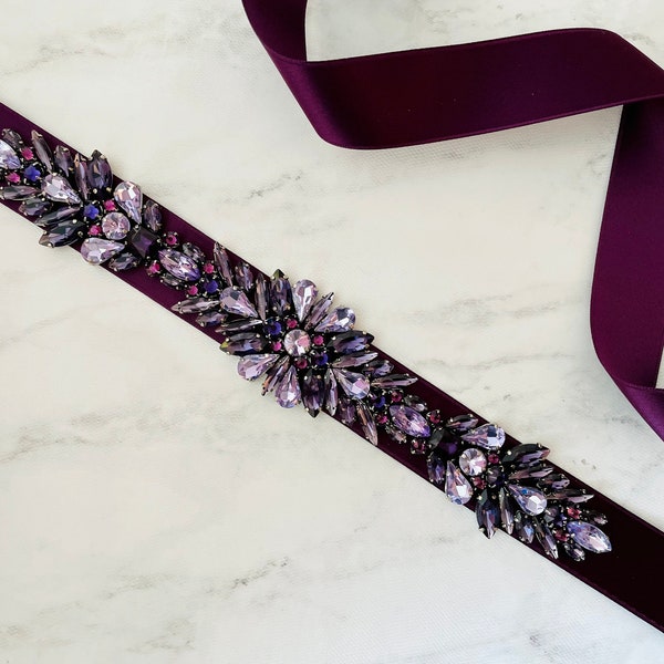 Aubergine, Eggplant, Plum, Amethyst, Dark Purple and Dusty Lilac Lavender Crystal Bead Embellished Satin Bridal Bridesmaid Ribbon Sash Belt