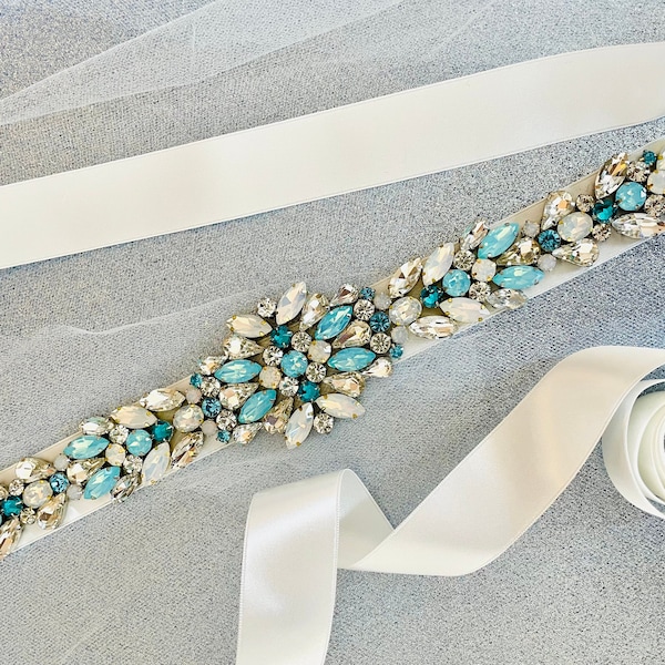 Ivory Opal Teal Turquoise Aqua Seafoam Blue Clear Silver Crystal Multi Colorful Embellished Satin Ribbon Bridal Bridesmaids Belt Sash