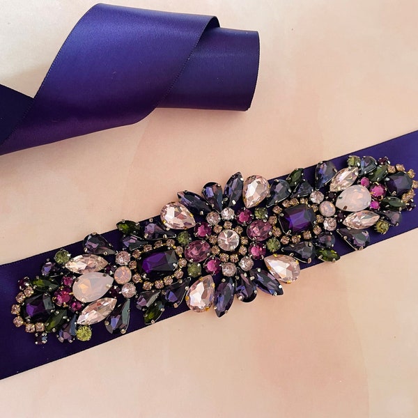 Aubergine Eggplant, Plum, Amethyst Dark Purple, Opal Blush, and Olive Green Crystal Bead Embellished Satin Bridal Ribbon Sash Belt