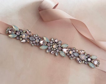 Blush Rose Pink, Ivory Opal and Clear Crystal Satin Embellished Crystal Rhinestone Beaded Bridal Belt Bridesmaids Sash