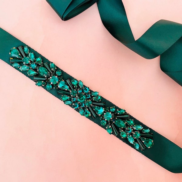 Dark Emerald Green, Hunter, and Evergreen Crystal Embellished Holiday Bridal Bridesmaids Mother of the Bride Prom Sash Satin Ribbon Belt