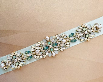 Pastel Seafoam Mint Green Ivory Opal Pearl Cream Champagne Crystal Jewel Embellished Handmade Satin Ribbon Bridal Belt, Bridal Sash