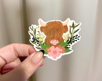 Highland Cow Flower Wreath Sticker - Waterproof Animal Decal