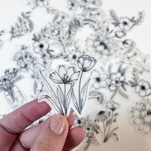 Puede incluir: Una hoja de pegatinas transparentes con dibujos de l&iacute;nea negra de varias flores y arreglos florales. Las pegatinas est&aacute;n dispuestas en un patr&oacute;n aleatorio sobre una superficie blanca.