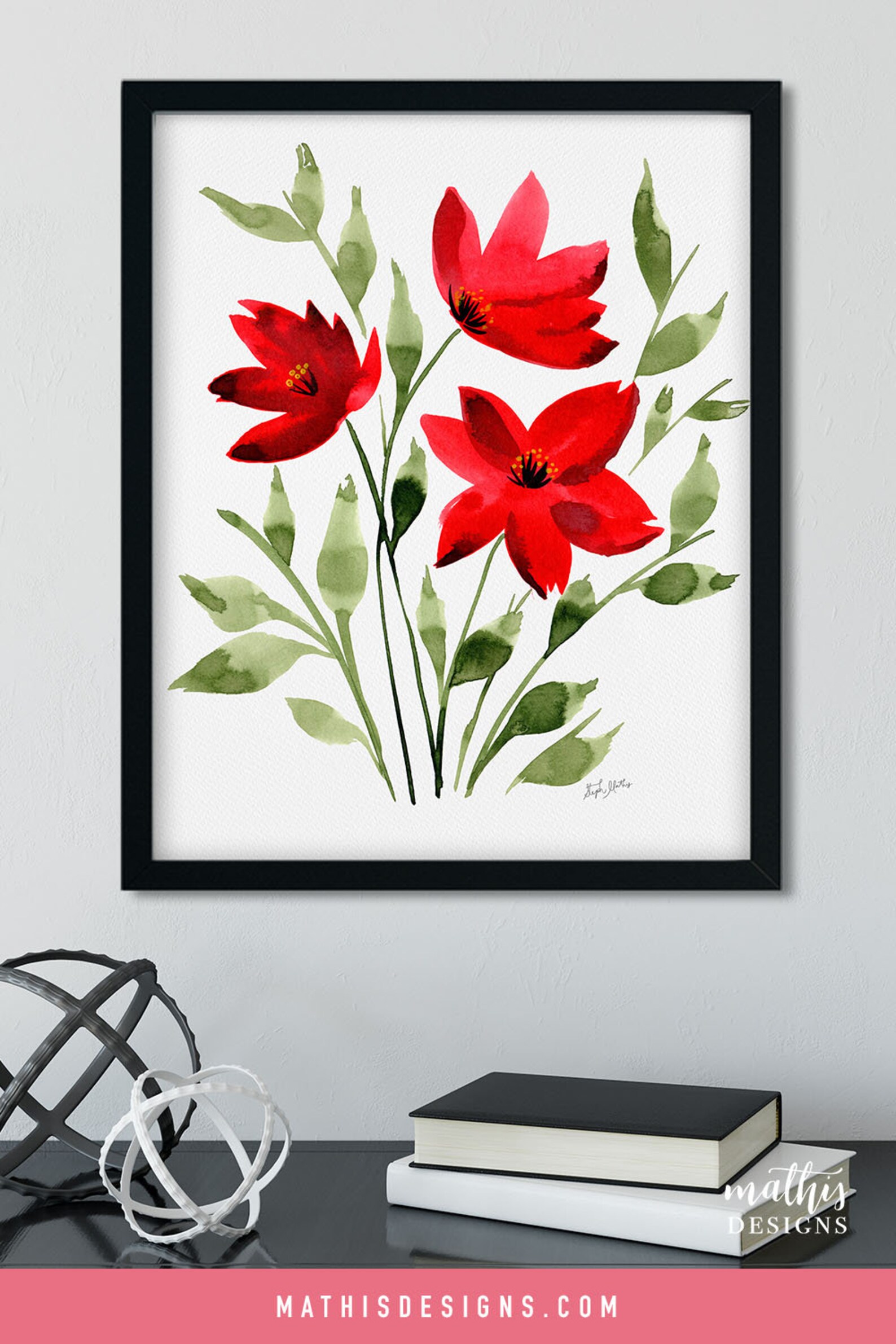 Red Flower Watercolor Painting Printable Wall Art Red Flower Etsy