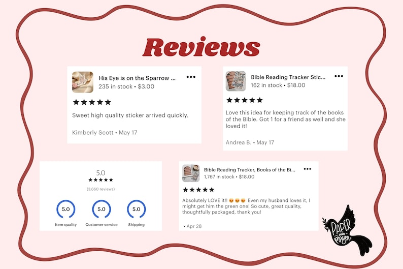 K&ouml;nnte beinhalten: Ein hellrosa Hintergrund mit einem dekorativen Rand umgibt Kundenbewertungen. Das Wort "Reviews" steht in dunkler roter Schrift. Bewertungen umfassen Kundenbewertungen und Kommentare zu Aufklebern.