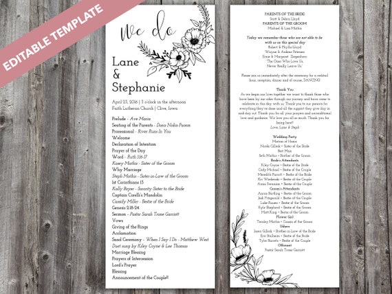 Wedding Programs Template Vertical Program Wedding Program Etsy