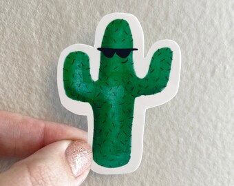 Sunglass Cactus Sticker, Watercolor Cactus Vinyl Sticker, Painted Succulent Decal, Gift